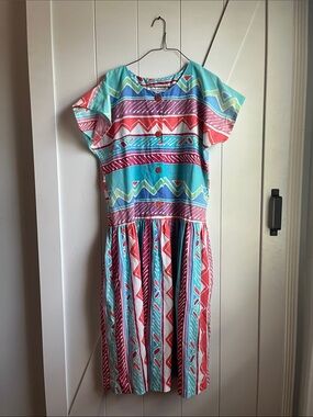 Neiman Marcus Turquoise, Coral & Purple Patterned Midi Dress